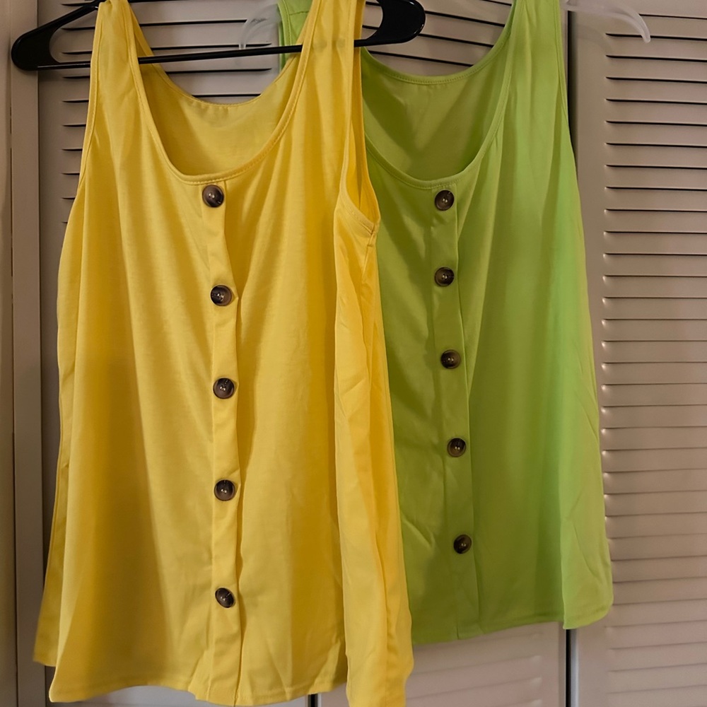 SHEIN Yellow and Green Button-Down Tank Tops
